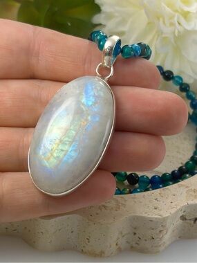Rainbow Moonstone Pendant Pure Sterling Silver 925 and Blue Agate Necklace New